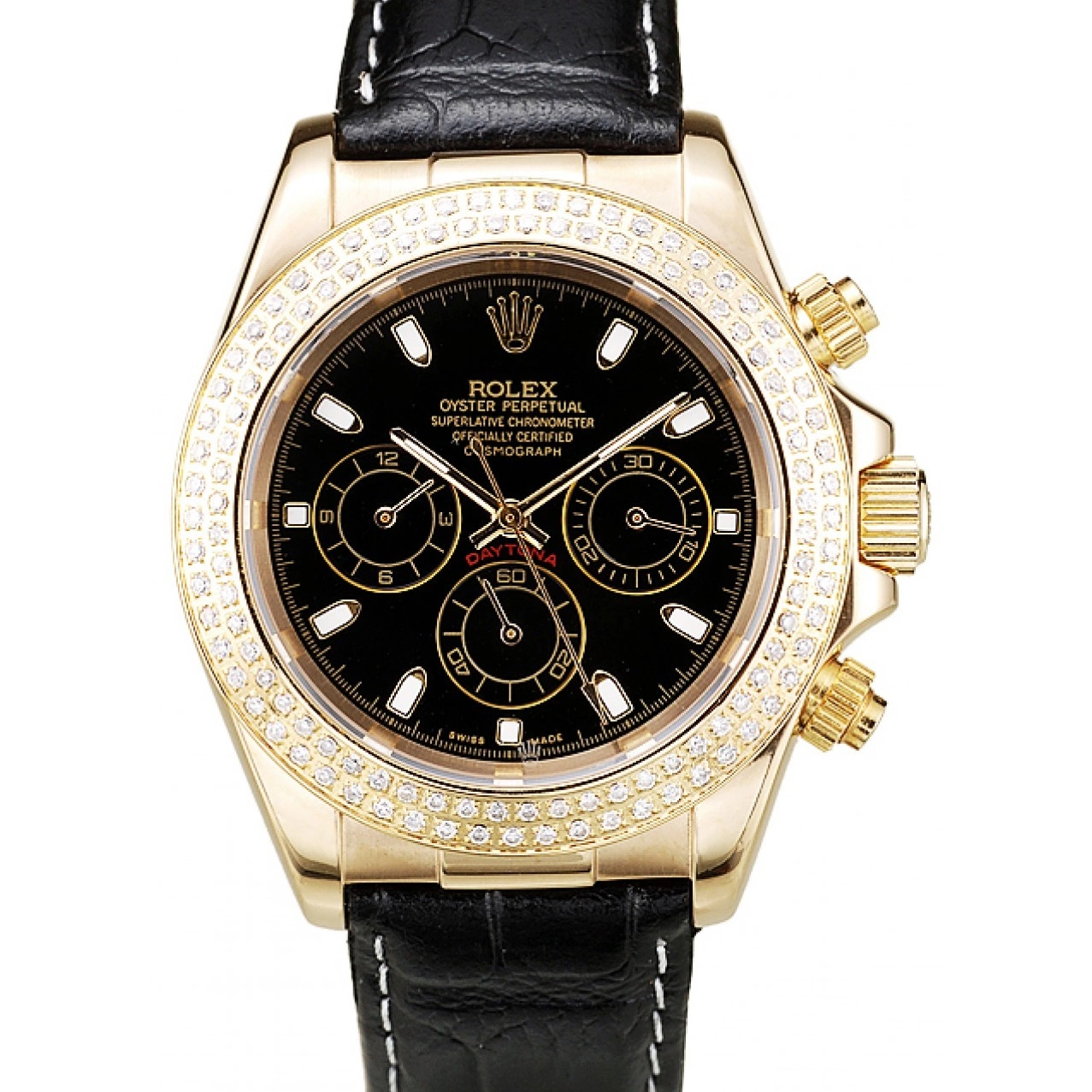 MiroTime 0819 Rolex Daytona Gold Case Crystal Studded Bezel Black Dial
